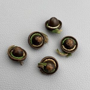 Antique 1930s Handcrafted Wood Buttons w/ Yarn Trim — Mini Brown Hat Design 5